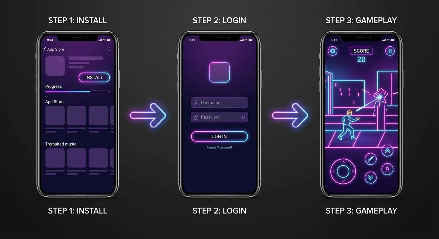 Android app setup steps from install to login to play