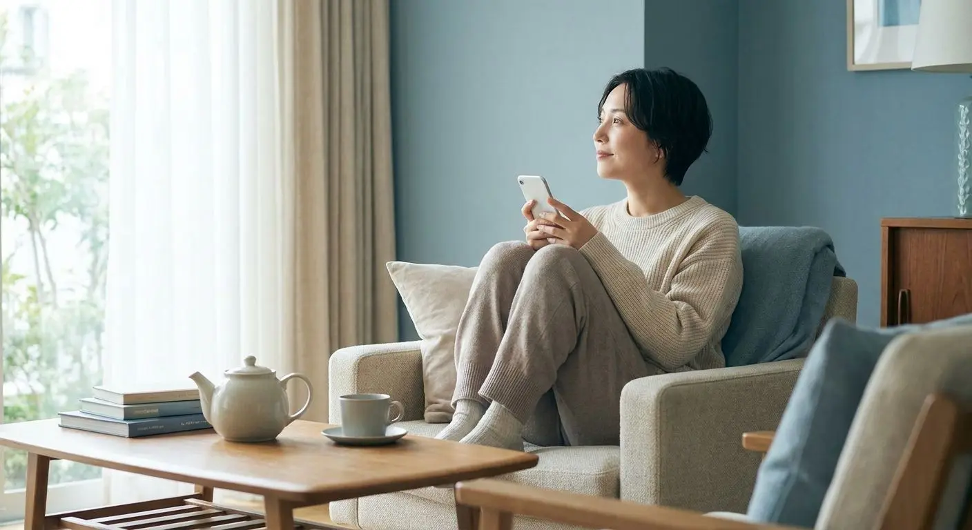 Relaxed mobile player reviewing account controls in a calm setting