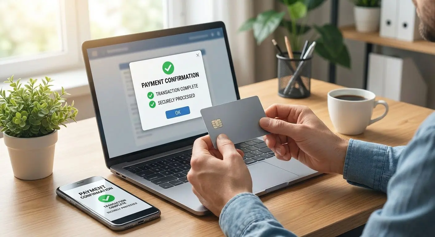 User making an online card deposit on laptop and phone