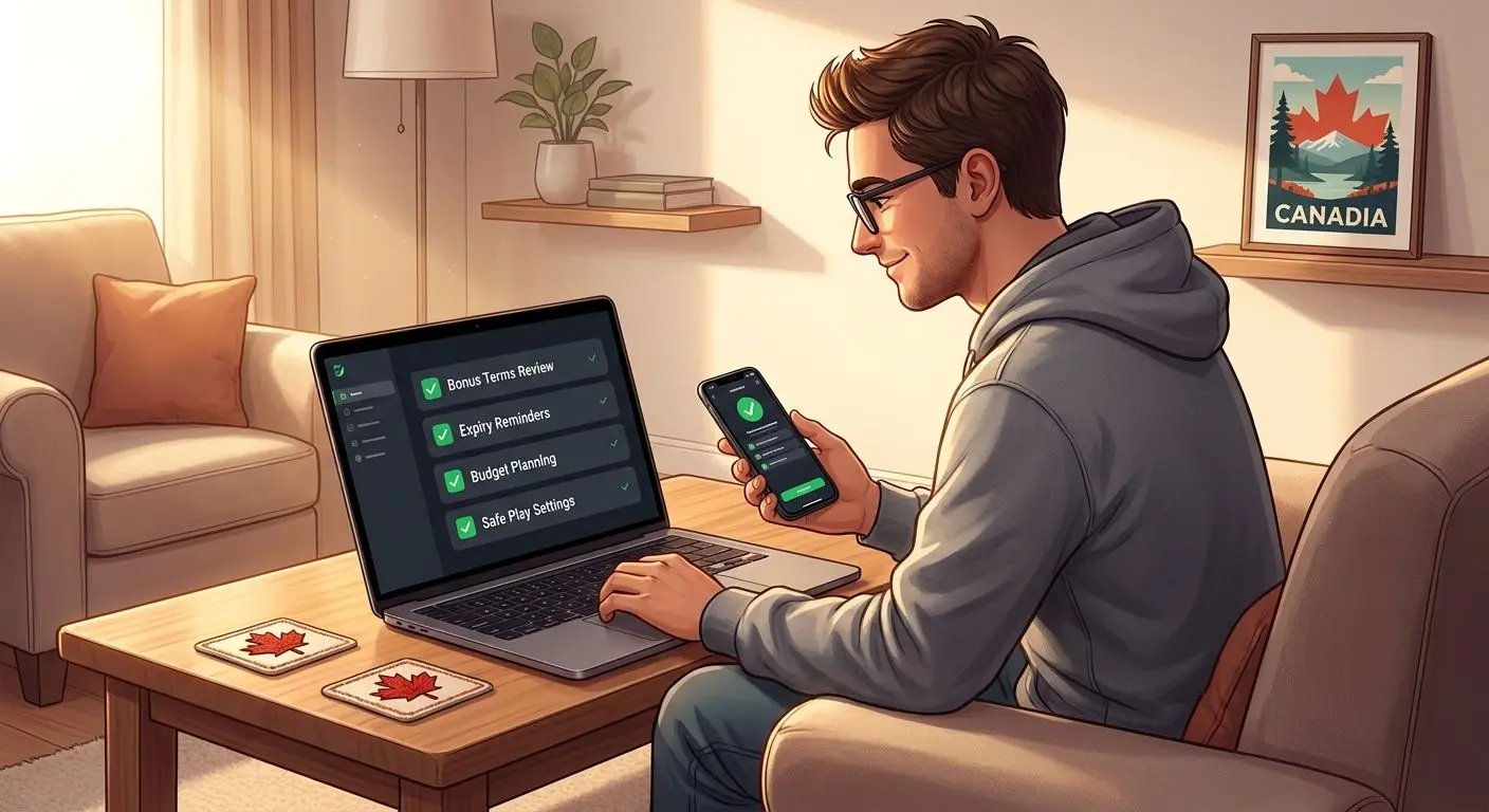 Player reviewing free spins terms on laptop with checklist beside smartphone