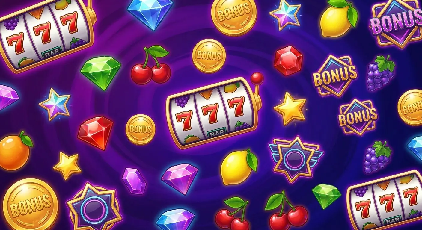 Popular slot visuals in the PlayOJO games lobby Slot game symbols and reels on a purple blue background