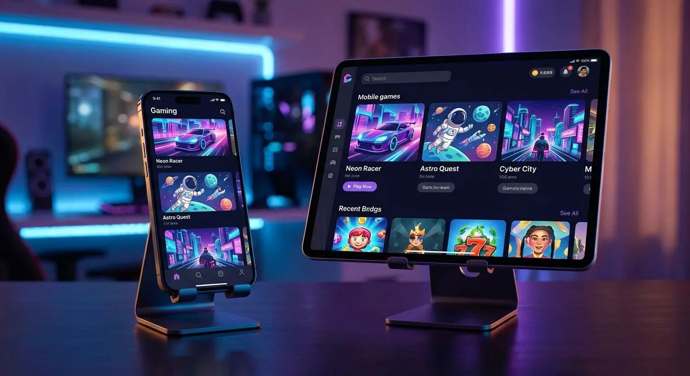 Mobile interface shown on smartphone and tablet screens