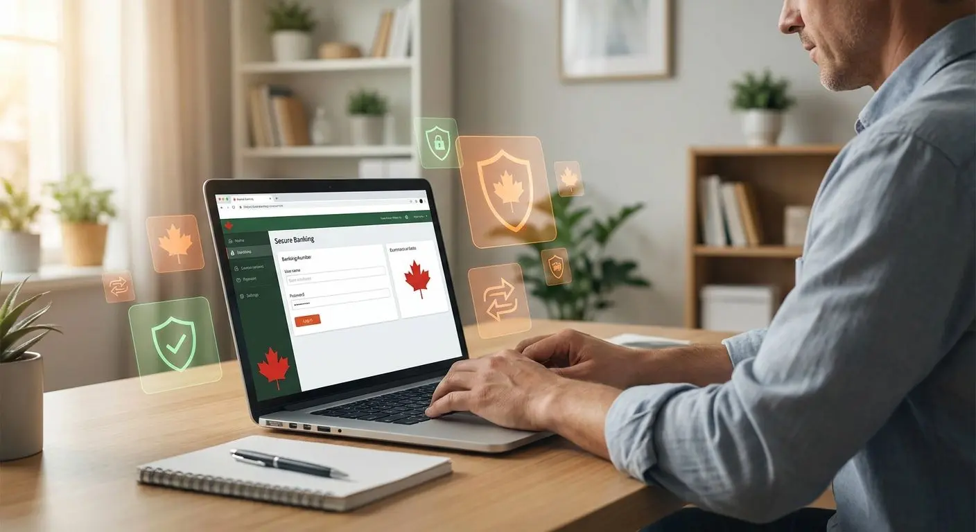 Player using laptop with Canadian banking and Interac-style payment visuals