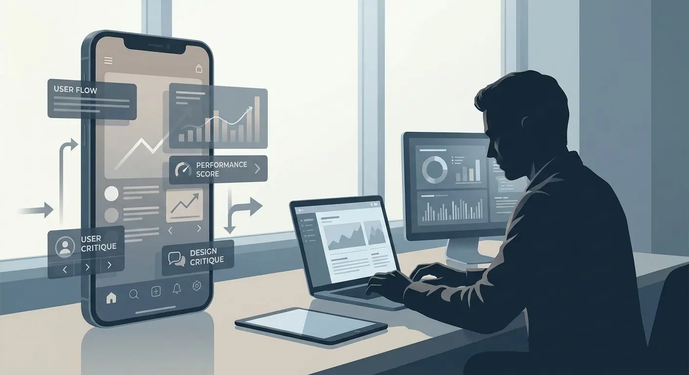 Generic expert silhouette with smartphone in an editorial mobile app analysis scene
