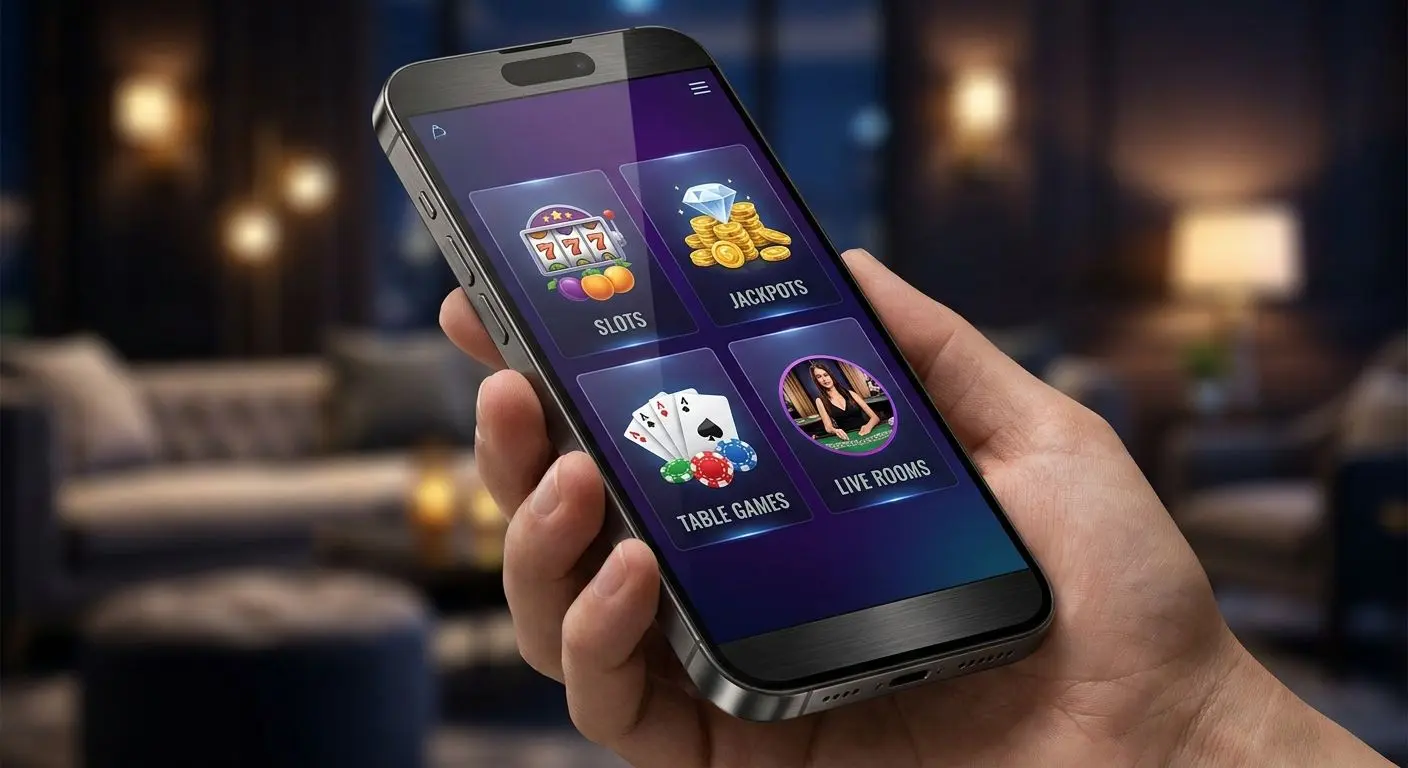 iPhone screen showing game categories like slots, jackpots, tables and live