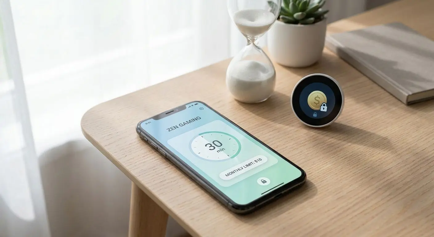iPhone on a table with timer and spending limit visuals for responsible play