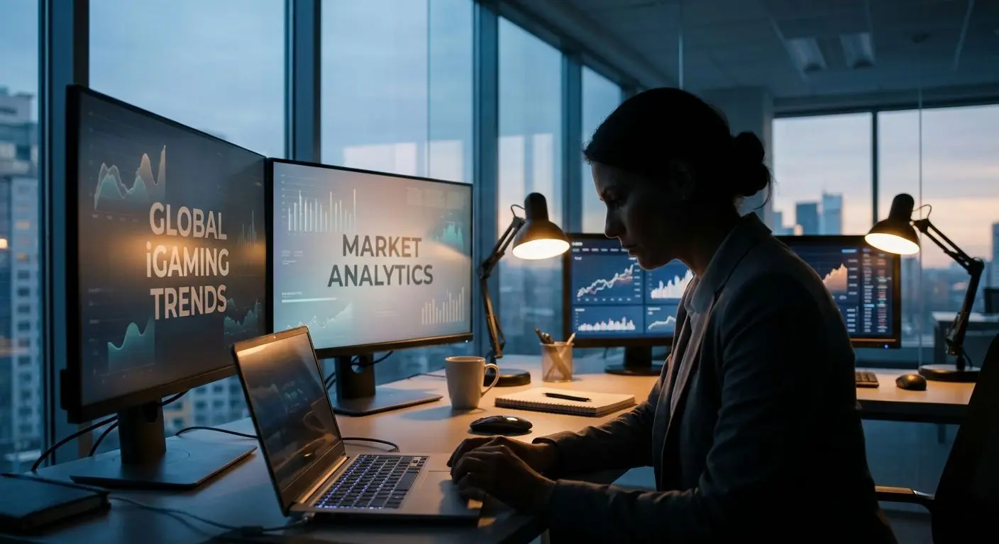 Author Analyst Workspace Fictional iGaming analyst working at laptop in modern office