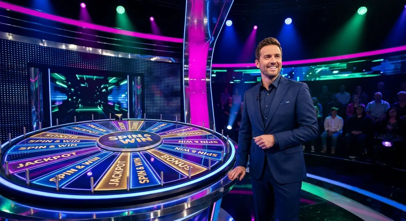 Live Game Show Studio Experience Live game show host beside illuminated wheel in studio