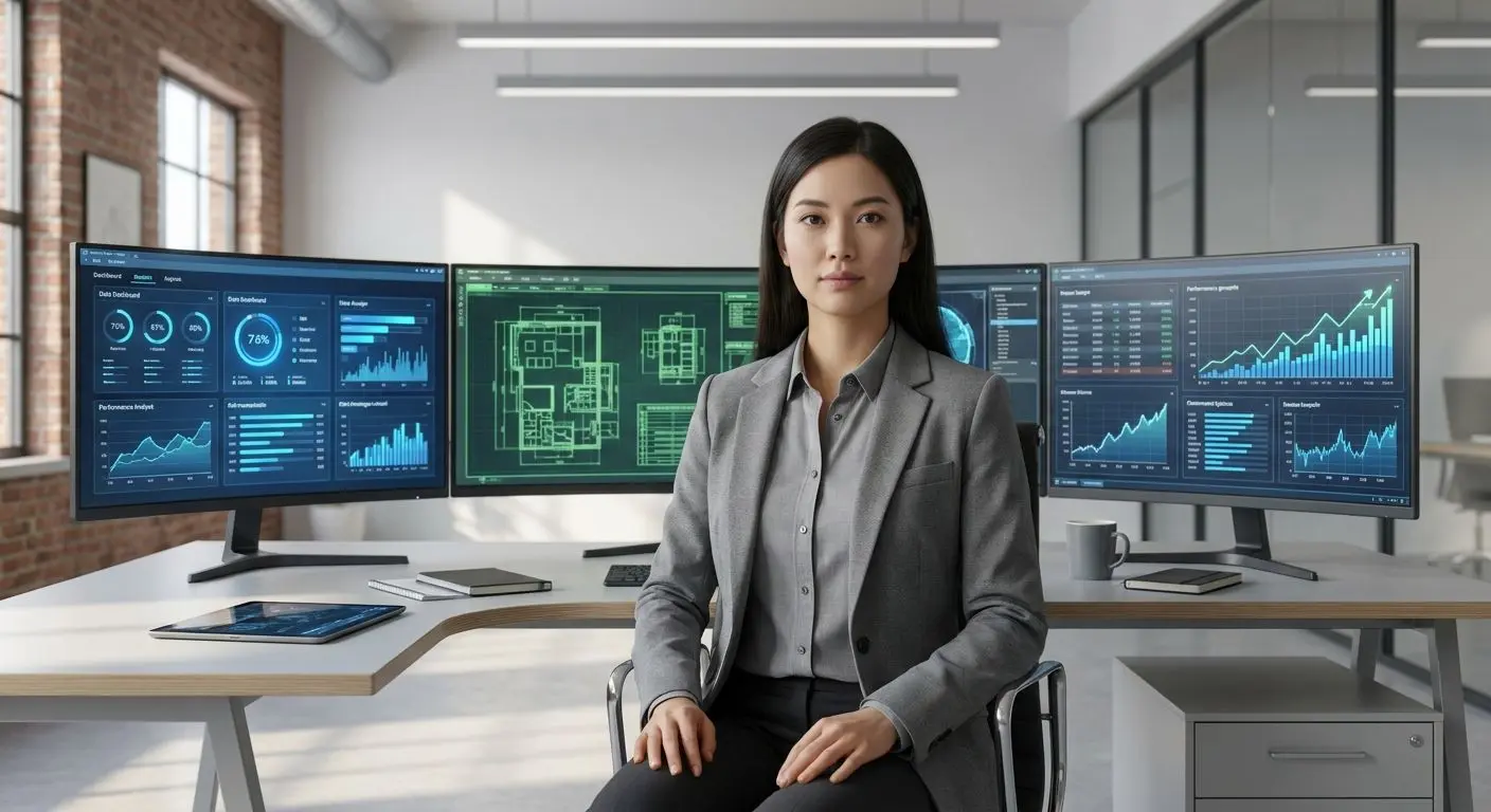 Fictional analyst avatar in a workspace reviewing login experience data