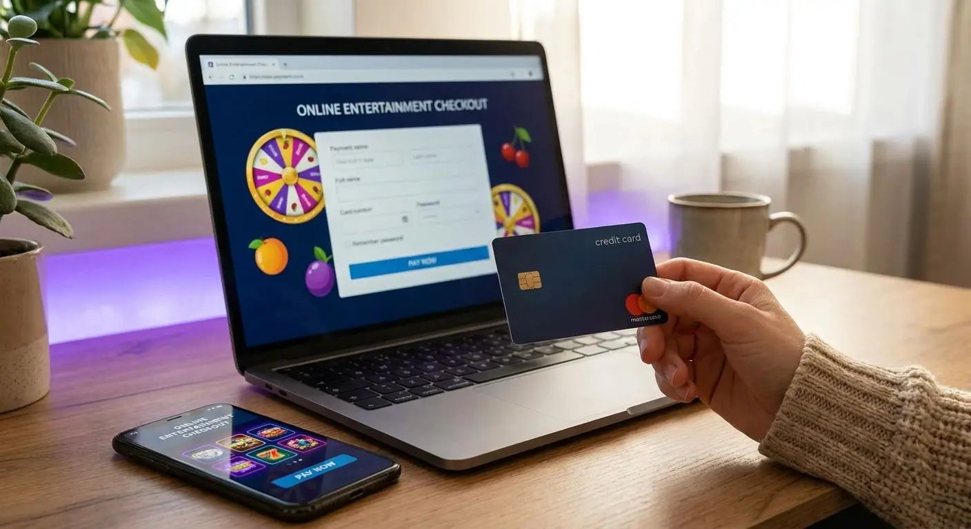 Using Mastercard for online payments at PlayOJO Hand holding Mastercard near laptop and smartphone with online payment interface