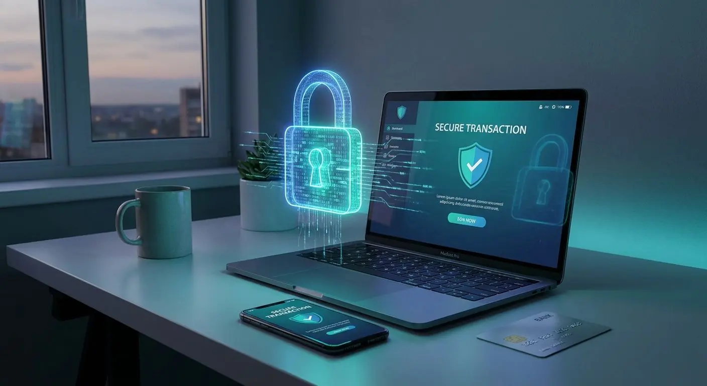 Online payment security for Mastercard users Secure online banking scene with lock, card, laptop and smartphone