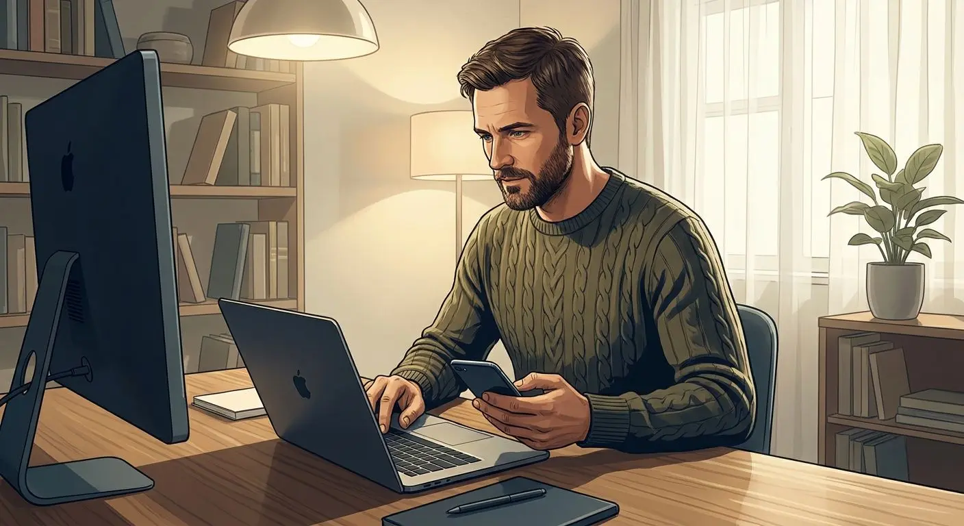 Fictional content reviewer in a home office with laptop and smartphone