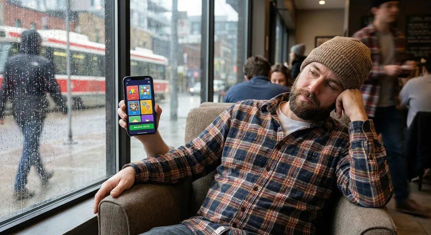 Canadian user with smartphone viewing a mobile gaming interface in a casual setting