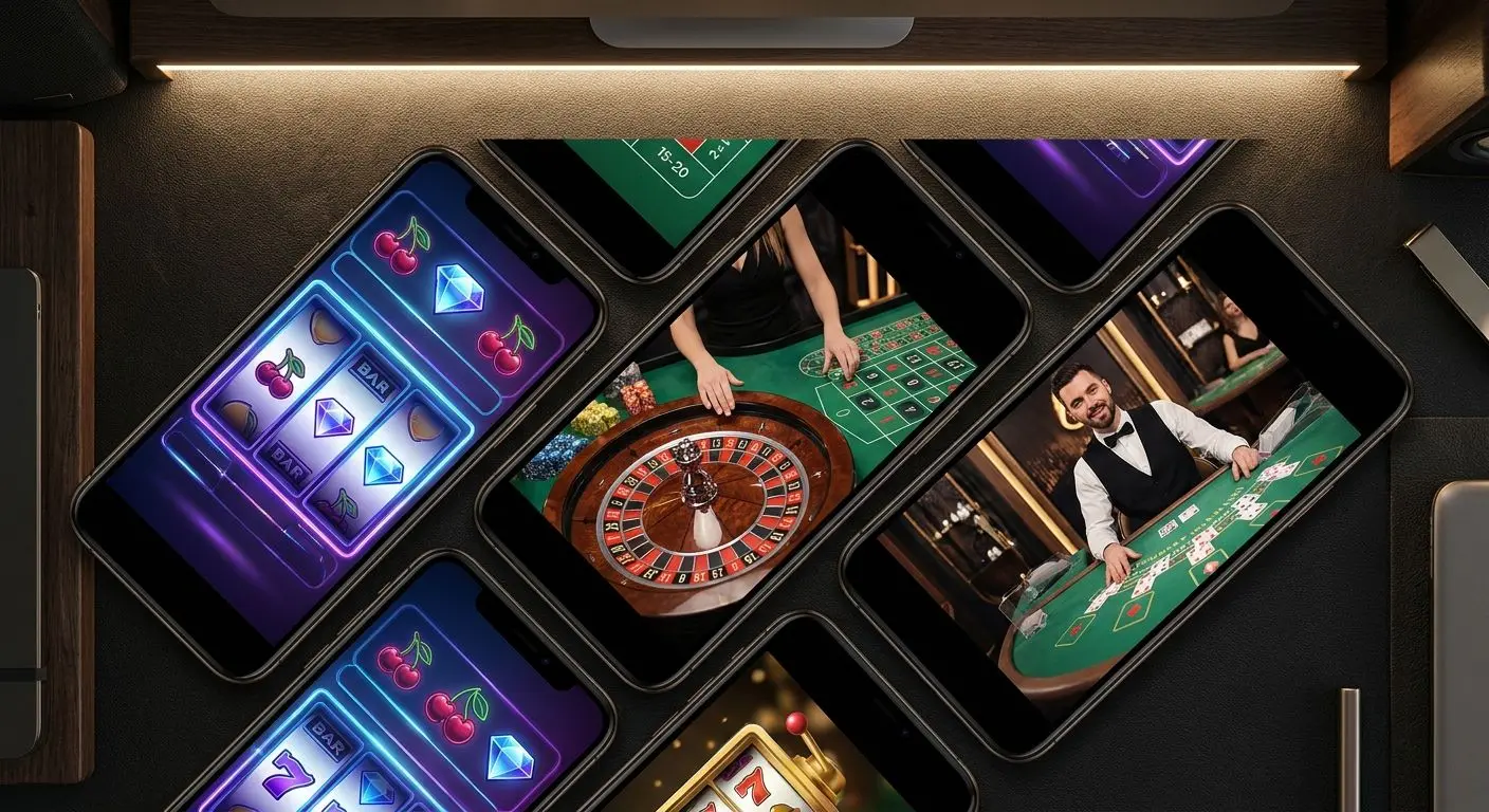 Smartphone collage showing mobile slots, roulette and live table style interfaces