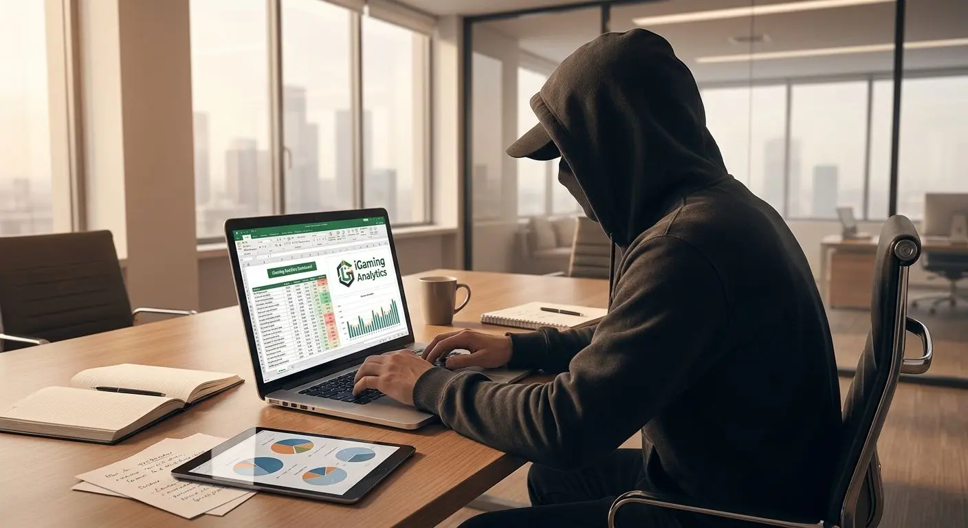 iGaming Analyst at Work Fictional analyst reviewing bonus data at a desk