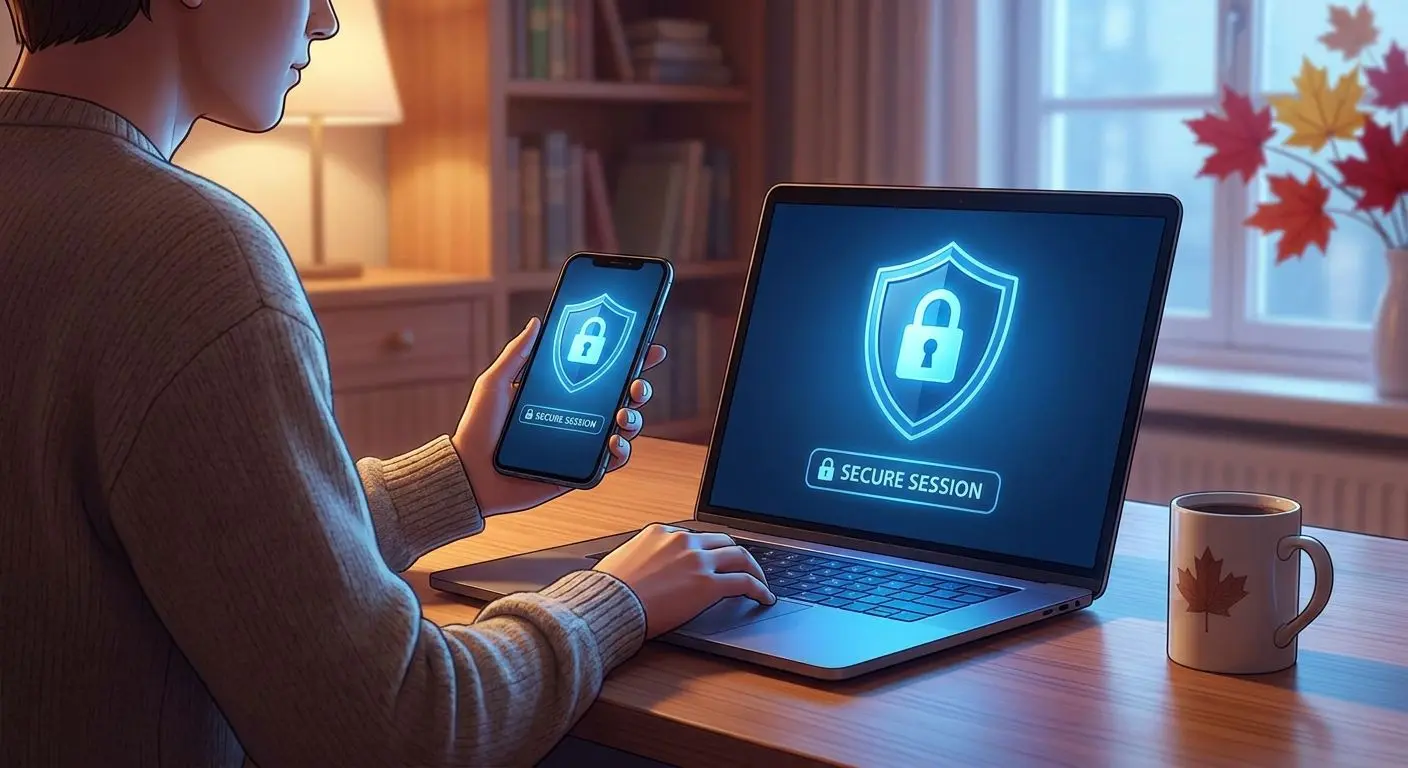 Canadian player in a secure digital environment with shield and lock icons
