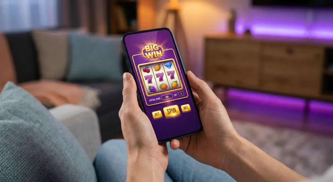 Smartphone showing a mobile slot game interface in a player's hand