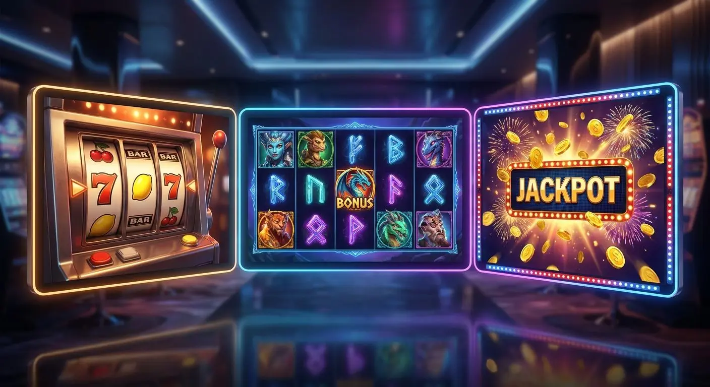 Collage showing classic, video and jackpot slot game styles