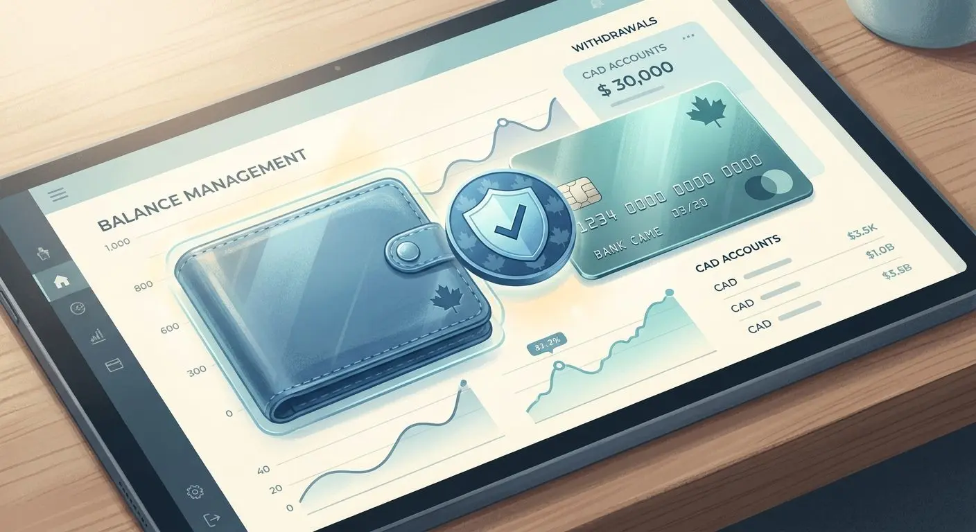 Illustration of secure deposits and withdrawals with wallet card and shield